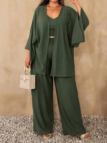 EURMUSE Plus Solid Crop Cami Top With Kimono & Pants Set - Green - View 3