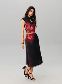 SHEIN MOD 传统中式黑色旗袍上衣和裙子套装，时尚夏季穿着 - 黑色 - 查看 4