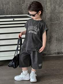 Dazy Kids 2件套男童圆领针织背心+短裤套装 - 深灰色 - 查看 5