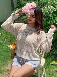 Dazy Plus Sheer Hollow Out Round Neck Long Sleeve Cover Up Cover Up For Women,Spring/Summer Vacation - White - View 6