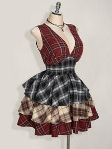 SHEIN ICON 加大码 V 领撞色格子褶饰分层中长连衣裙，Y2K 撞色格纹印花连衣裙 - 彩色 - 查看 6