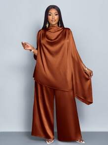 SOLERSUN 女士时尚纯色优雅立领时尚精致蝙蝠袖缎面不对称下摆衬衫和直腿优雅长裤套装 - 棕色 - 查看 3