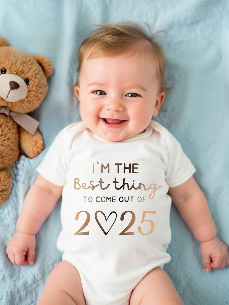 SHEIN Baby Boy Casual Letter Print Short Sleeve Romper, Summer Customizable Baby Clothes Customize Baby Clothes Custom Baby Clothes Personalized Baby