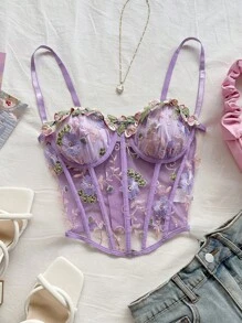 Soleia 波西米亚风、浪漫花卉、度假风、花卉主题7月4日服装、上衣、度假上衣、串珠上衣、荷叶边上衣、派对上衣、背心、7月4日女士性感露脐上衣、WYWH度假绿色渔网刺绣无肩带文胸、飘逸上衣、露肩毛衣、露肩上衣、单肩上衣、基础款上衣 - 彩色 - 查看 7