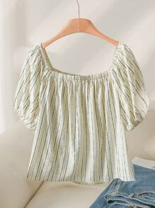 CosyJoli Plus Size Casual Striped Square Neck A-Line Puff Sleeve Shirt - Grey - View 2