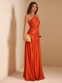 SHEIN BAE 夏季女装露背亮片刺绣拼接网眼宽松下摆性感高开衩女士长裙/海岛度假装/蜜月装女士//女士夏季装/女士沙滩装/女士派对礼服/女士橙色连衣裙派对礼服，波西米亚风服饰 - 橘色 - 查看 5