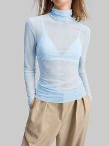 Ontre Blusa de cuello alto de punto estilo Estocolmo para otoño, elegante para otoño/invierno, blusa de manga larga con malla, blusa básica casual de negocios para mujer