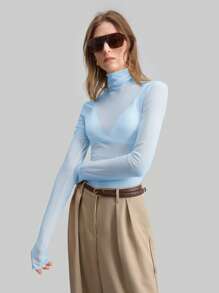 Ontre Blusa de cuello alto de punto estilo Estocolmo para otoño, elegante para otoño/invierno, blusa de manga larga con malla, blusa básica casual de negocios para mujer