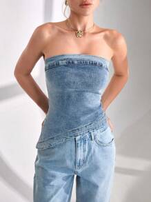 CLARA VERO Women Elegant Asymmetrical Hem Tube Denim Top - Medium Wash - View 1