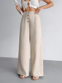 EURMUSE Women Solid Color Button Front And Pocket Detailed Wide Leg Pants Women Summer Clothing Women S Bottoms Women Clothing Summer Outfits - Flint Stone - View 4