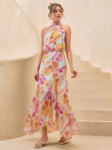 CLARA VERO Vestido largo con cremallera en la parte posterior y estampado floral para mujeres