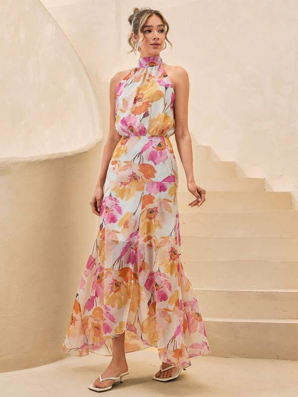 CLARA VERO Damen Blume Muster Detaillierter Reißverschluss auf der Rückseite Langes Kleid Damen Sommerkleidung Damen Sommerkleidung Damen Kleidung