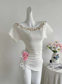 Rafferiza Fashion Casual Vacation Bohemian Shell Sequin Tassel Pleated Fitted Asymmetric Hem Off-Shoulder Short Sleeve T-Shirt