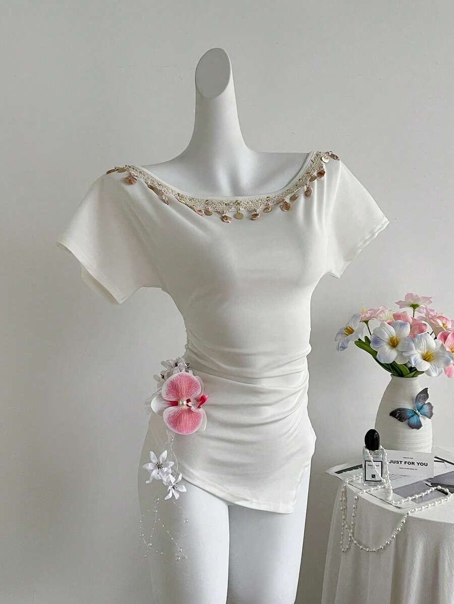 Rafferiza Fashion Casual Vacation Bohemian Shell Sequin Tassel Pleated Fitted Asymmetric Hem Off-Shoulder Short Sleeve T-Shirt