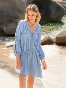 Lumivelle Vestido casual para mujer de color liso con escote en V, plisado y lazo - Celeste - Ver 5