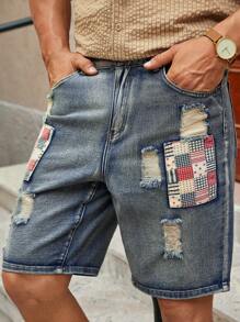 Manfinity VCAY Men's Casual Distressed Applique Decoration Denim Shorts, Fashionable - Blue - View 1