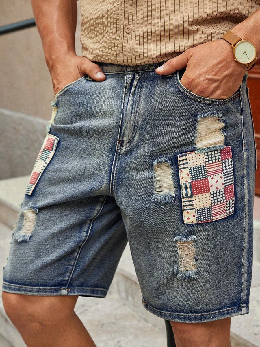 Manfinity VCAY Men's Casual Distressed Applique Decoration Denim Shorts, Fashionable - Blue - View 1