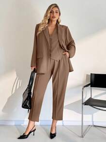 SHEIN Essnce Bộ đồ vest kaki rộng rãi thời trang thu đông cỡ lớn cho nữ, áo khoác và quần ba mảnh, bộ áo khoác blazer, quần áo nữ mùa thu, trang phục công sở, quần áo làm việc, bộ quần, tiền cũ, trang phục công sở giản dị - Màu Khaki - Xem 3