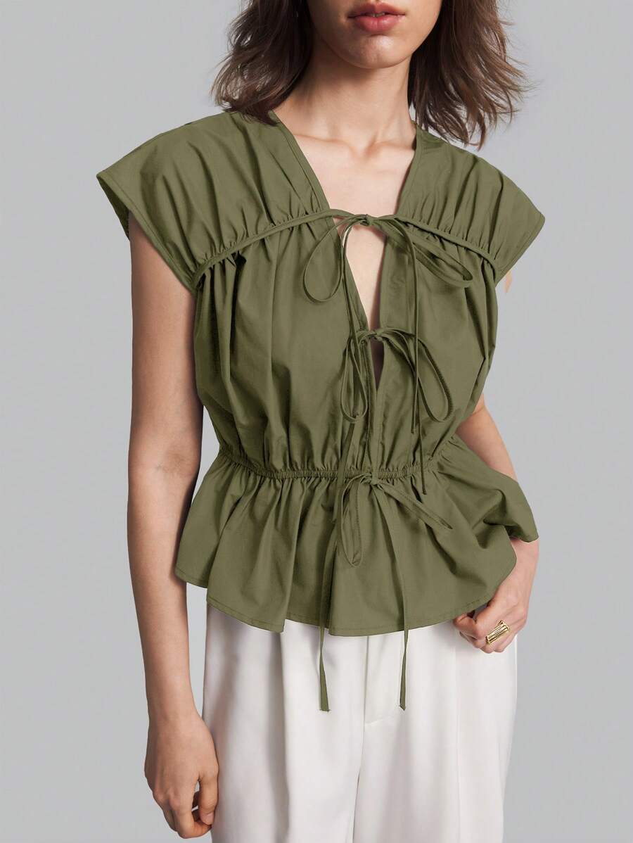 Ontre Áo cánh rút dây màu xanh ô liu thường ngày dành cho nữ, trang phục đơn giản mặc hàng ngày mùa xuân, ngày lễ tình nhân, áo thun trở lại trường có dây đeo mỏng - xanh quân đội - Xem 1