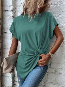 SHEIN LUNE Women's Solid Color Casual Twisted Crew Neck Short Sleeve T-Shirt - Green - View 4