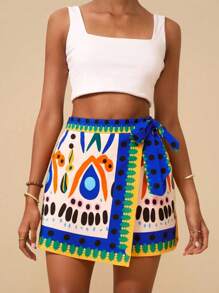 Travachic Women's Orange And Blue Geometric Print Wrap-Around Skirt,Boho Summer Vacation Holiday Outfits,Comfy Bohemian Clothing,4th Of July Graduation Clothes - Multicolor - View 6