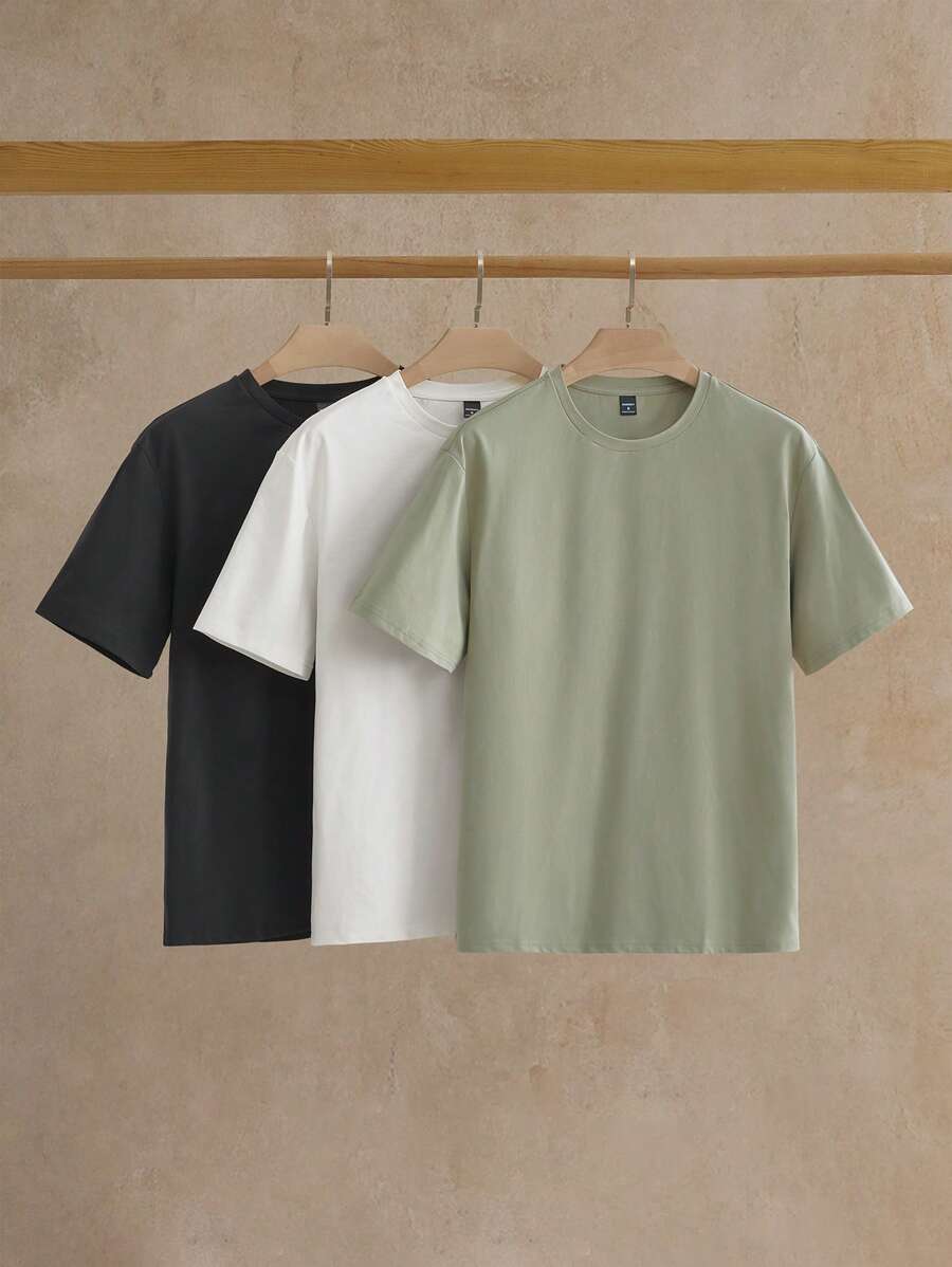 Manfinity NXTstreet 3pcs Pack Men's Solid Color Knitted Short Sleeve Casual T-Shirt - Green - View 1