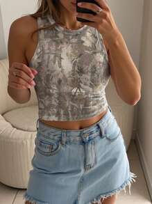 Plus Size All-Over Print Round Neck Slim-Fit Summer Casual Tank Top