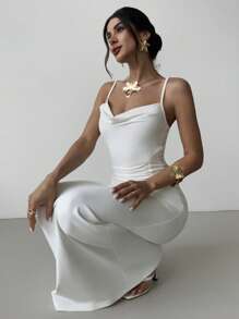 Firerie 夏季女式新款简约优雅度假派对连衣裙，时尚百搭户外旅行细肩带褶皱腰设计长裙，浅白色 - 白色 - 查看 6