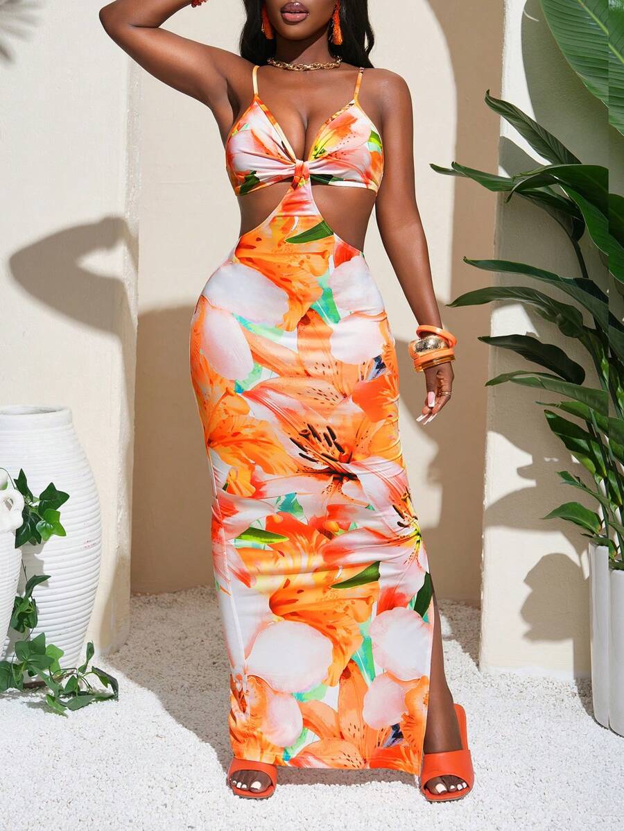 Slaydiva 女士优雅花卉印花无袖紧身吊带裙，腰部镂空，侧开衩，夏季度假风 - 黃色 - 查看 1