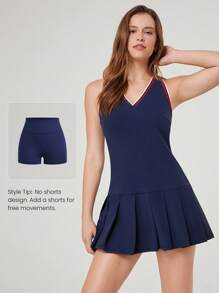 GLOWMODE Vestido deportivo con copas integradas FeatherFit™-Air de secado rápido tipo "racerback" con pliegues y abertura, de impacto medio con shorts integrados y bolsillos laterales, apto para running de bajo impacto, entrenamiento y gimnasio - Dark Blue - Ver 5