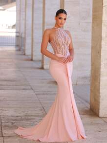 Glamrae 优雅奢华粉色手工刺绣珍珠领性感透明荷叶边鱼尾裙配腰带，适合女士正式晚礼服、派对礼服，适合婚礼宾客 - 粉色 - 查看 6