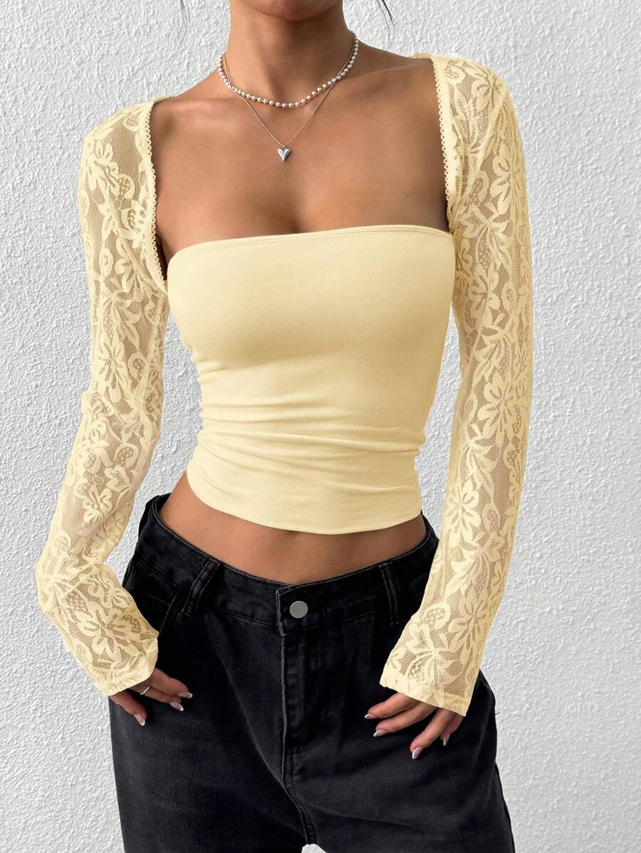 SHEIN EZwear Women's White Lace Shrug Thin Fitted Summer Cardigan - Yellow - View 1