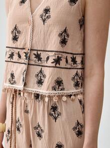 Florisole 女式波西米亚风格刺绣度假无袖上衣和高腰流苏系带阔腿裤套装，春夏 - 卡其色 - 查看 2