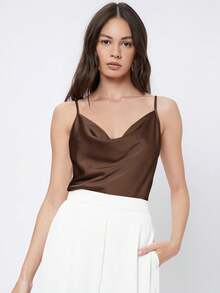 SHEIN BIZwear 2025秋季新款女士纯色垂褶领缎面吊带背心，浪漫优雅百搭商务休闲通勤上衣，OL装，教师制服，基础款上衣 - 巧克力棕 - 查看 1