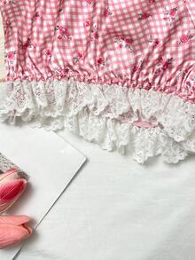 سراويل داخلية قصيرة ذات خطوط متقاطعة وأزهار صغيرة مطرزة بالدانتيل للأطفال - وردي - مشاهدة 5