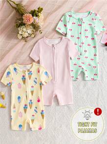 3 件套女婴可爱数码印花冰淇淋和纯色/数码樱桃连体衣短袖拉链连体衣配短裤，适合春夏季的舒适休闲装 - 彩色 - 查看 1