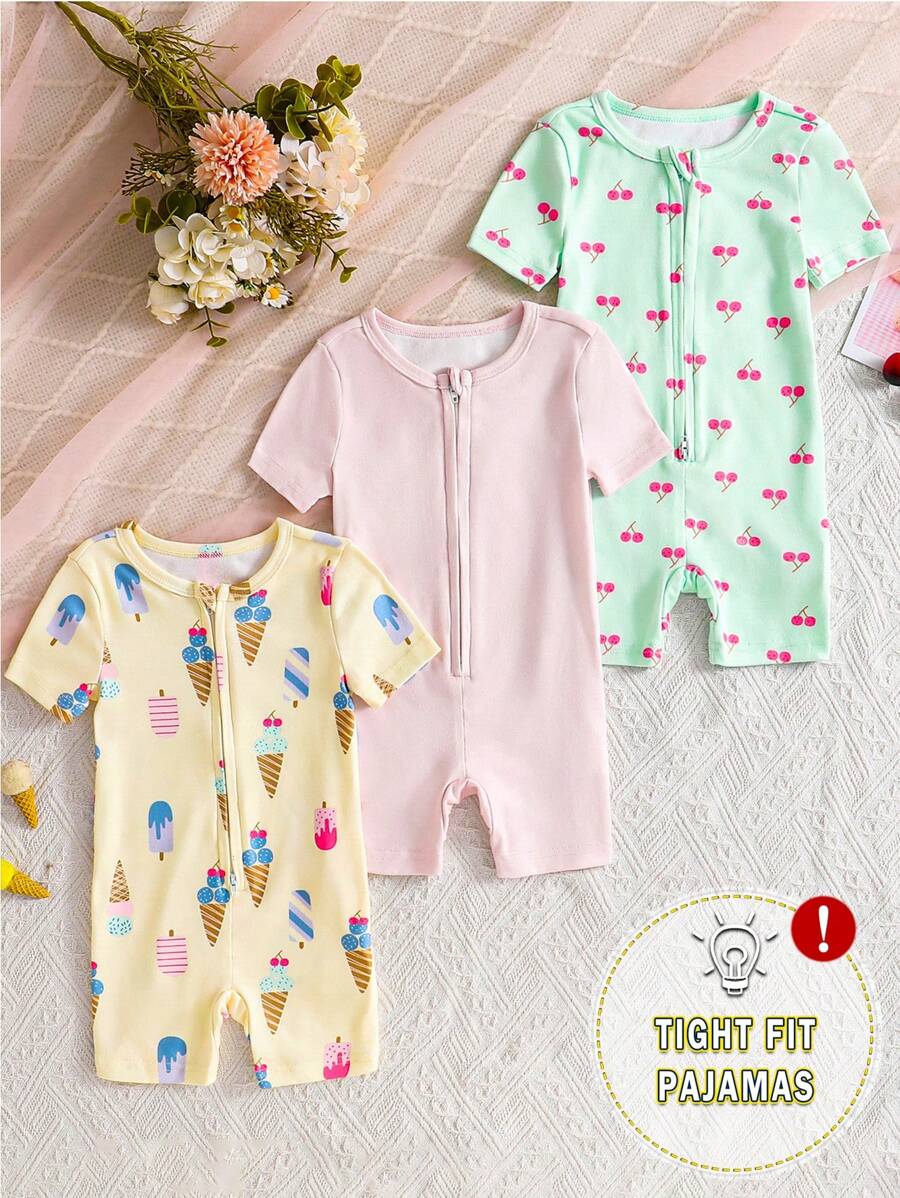 3 件套女婴可爱数码印花冰淇淋和纯色/数码樱桃连体衣短袖拉链连体衣配短裤，适合春夏季的舒适休闲装 - 彩色 - 查看 1