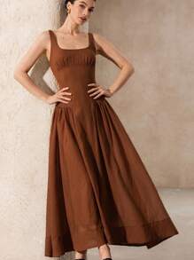 Revavyn Summer Lightweight Breathable Linen-Like Fabric Sweet & Slimming Square Neck Sleeveless Cinched Waist Flared Dress For Ladies - Brown - View 1