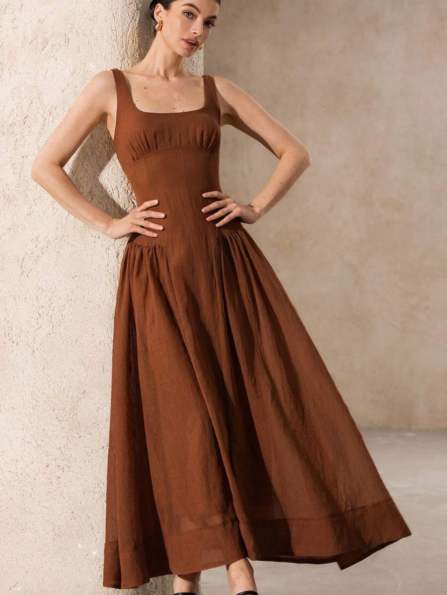 Revavyn Summer Lightweight Breathable Linen-Like Fabric Sweet & Slimming Square Neck Sleeveless Cinched Waist Flared Dress For Ladies - Brown - View 1