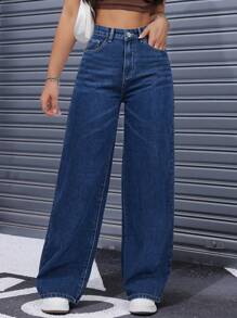 SHEIN PETITE 女士高腰口袋阔腿宽松休闲牛仔裤 - 深色水洗藍 - 查看 5