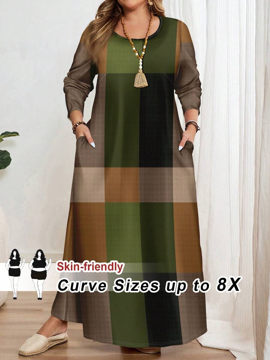 SHEIN CURVE+ Plus Size Women Color Block Round Neck Long Sleeve Plaid Dress With Pockets, Summersummer/Country/Beach Vacation Outfits/Beach Outfits/Beach Wear Autumn And Winter - Multicolor - View 1