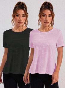 SHEIN Velisys 2 件套女士运动上衣，采用提花面料和网眼面料，交叉背部设计，黑白健身衫 - 彩色 - 查看 2