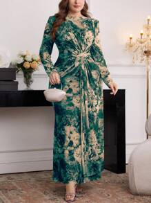 Modelyn Vestido largo elegante de manga larga con estampado floral y cintura fruncida para mujer de talla grande - Verde - Ver 6