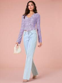 Enchnt 女士优雅纯色镂空荷叶边系带T恤