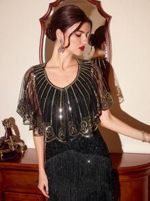Vintamour Vintage 1pc Women Sequin Contrast Mesh Splice Top 1920s Party Cloak With Sequin Embroidery , Summer - Black and Gold - View 4