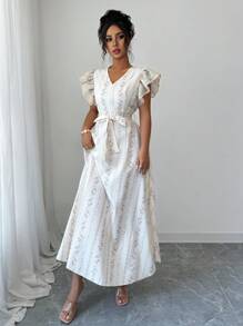 Modelyn Floral Print Patchwork Embroidery Mesh Cap Sleeve A-Line Dress - Apricot - View 3