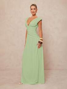 Lumalex 女式纯色深V领褶饰腰性感连衣裙 - 薄荷綠 - 查看 5