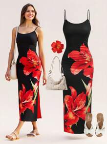 SHEIN Girlism Teen Girls Floral Print Slit Strap Casual Dress, Suitable For Summer, Vacation, Party, Outdoor Wear - Black - View 3