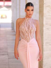 Glamrae 优雅奢华粉色手工刺绣珍珠领性感透明荷叶边鱼尾裙配腰带，适合女士正式晚礼服、派对礼服，适合婚礼宾客 - 粉色 - 查看 2