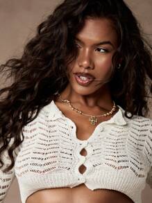 MISSGUIDED 女式钩针短款开衫长袖纽扣前开襟针织毛衣沙滩罩衫夏秋春时尚 - 米色 - 查看 4